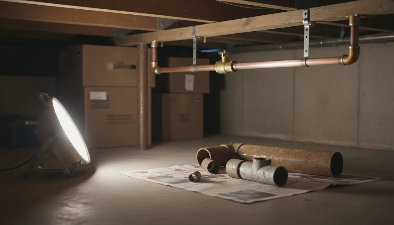 Illustration of a new copper water supply line with a brass shutoff valve along a basement joist, old corroded pipe cut out on the floor